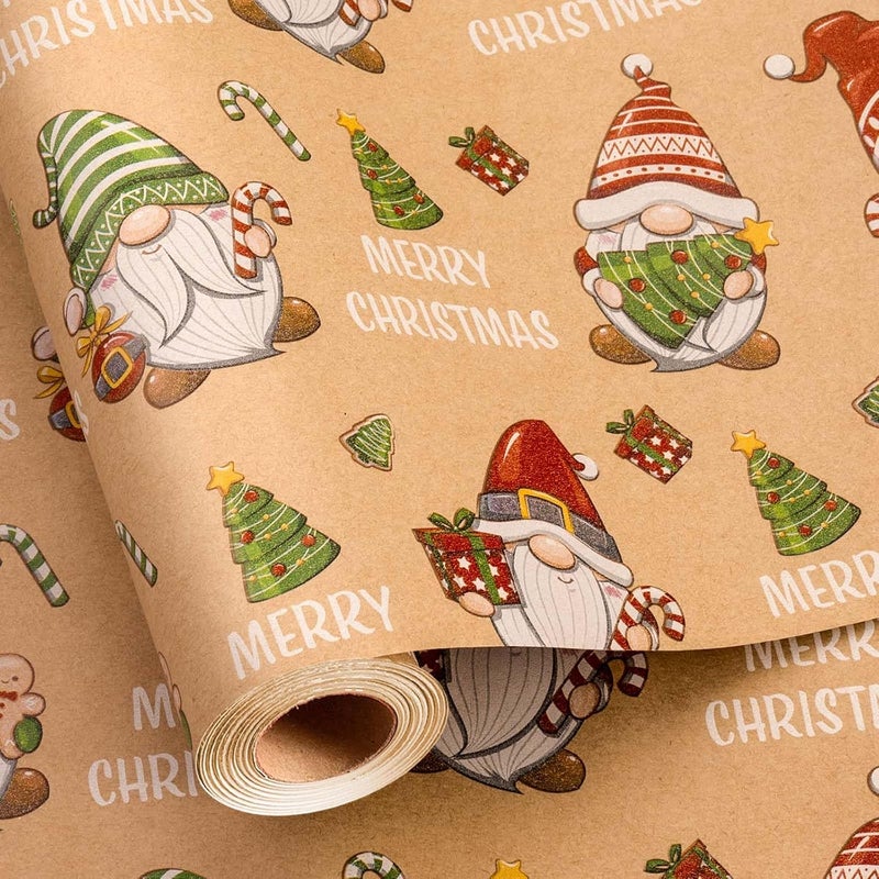 Retrify Kraft Christmas Wrapping Paper - 17 Inch x 32.8 Feet Mini Roll - Cute Red Green Gnome with Grid Cutting Lines Gift Wrap Paper for Holiday Shower Party Celebration - Image 1